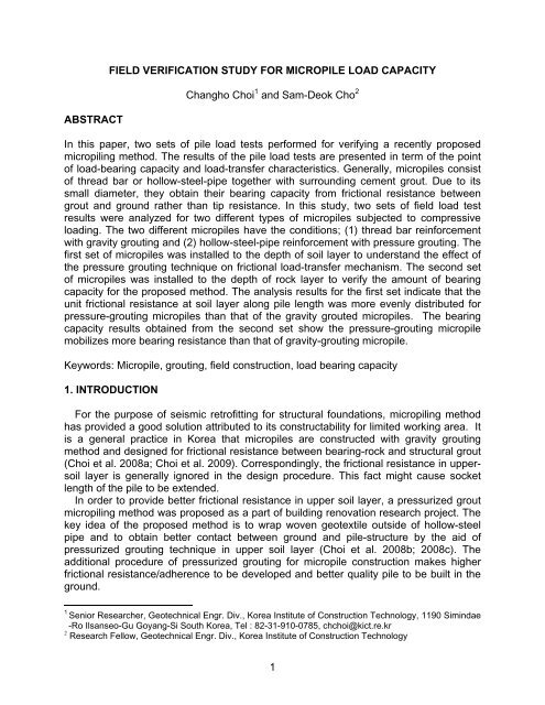 Field verification Study for Micropile Load Capacity, Dr. Changho ...