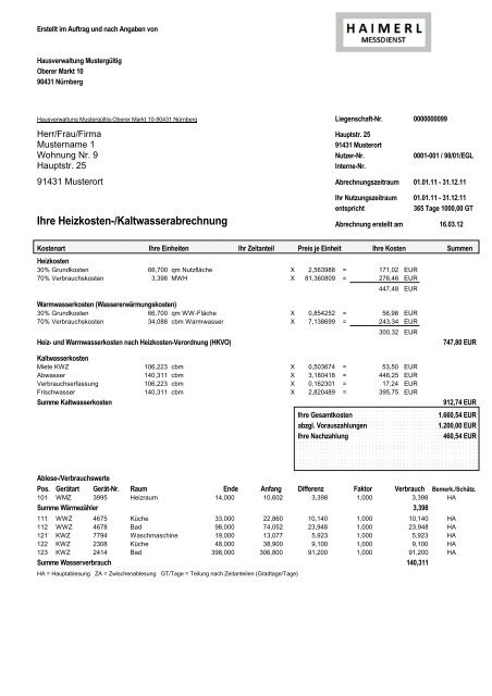 Musterabrechnung - Haimerl Messdienst