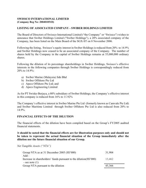 Listing Of Associated Company - Swiber Holdings Limited - Swissco ...