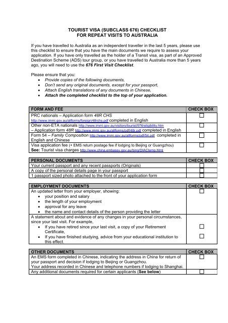 tourist visa (subclass 676) checklist for repeat visits to australia