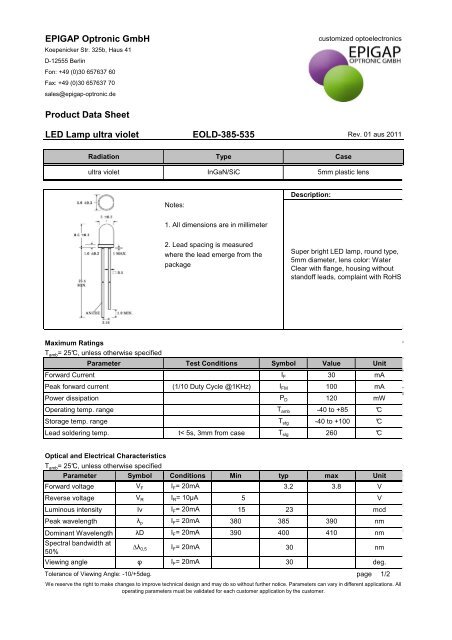 EPIGAP Optronic GmbH Product Data Sheet LED Lamp ultra violet ...