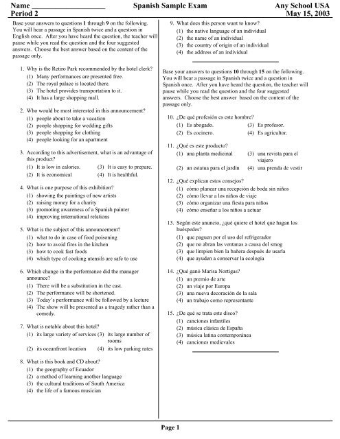 Spanish Sample Exam Any School USA Period 2 May 15 ... - Eduware