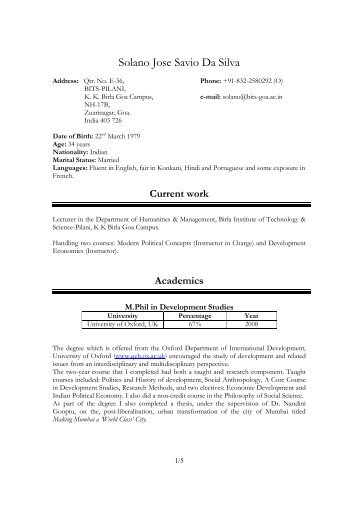 FULL CV - Student Welfare Division - BITS Pilani