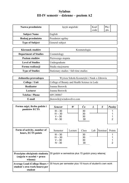 Sylabus III-IV semestr Ã¢Â€Â“ dzienne Ã¢Â€Â“ poziom A2 - Kosmetologia