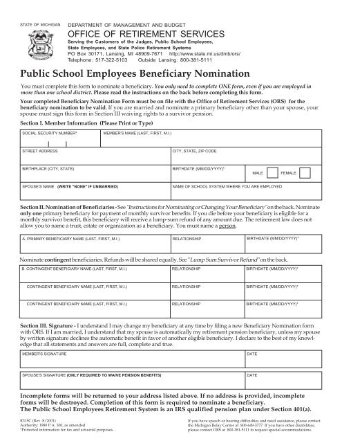 ORS Beneficiary Election Form - Port Huron Area Schools