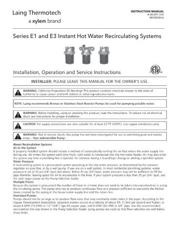 Series E1 and E3 Instant Hot Water Recirculating Systems