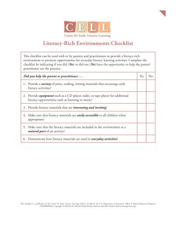 Literacy-Rich Environments Checklist - Center for Early literacy ...