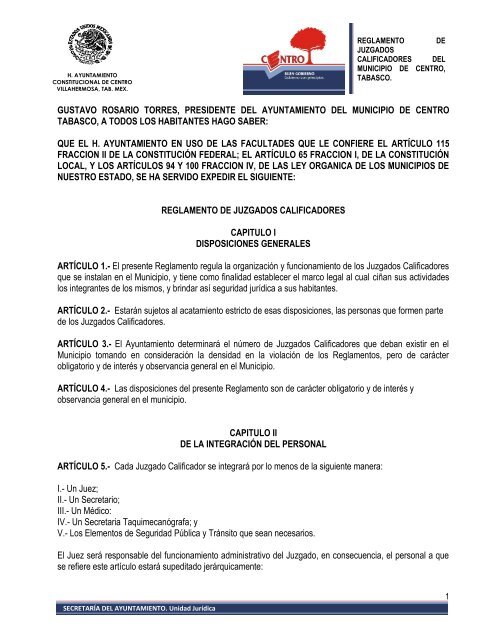 Reglamento de Juzgados Calificadores del Municipio - Villahermosa