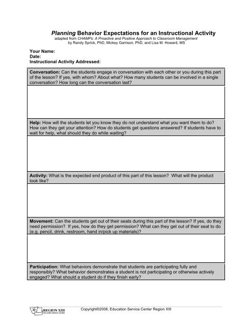 Planning Behavior Expectations for an Instructional Activity