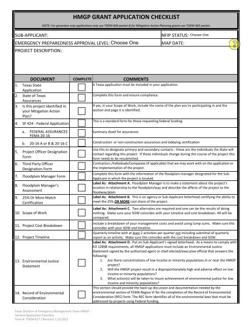 HMGP GRANT APPLICATION CHECKLIST