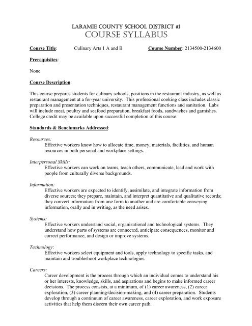 Course Syllabus - Culinary Arts I A & B - South High School