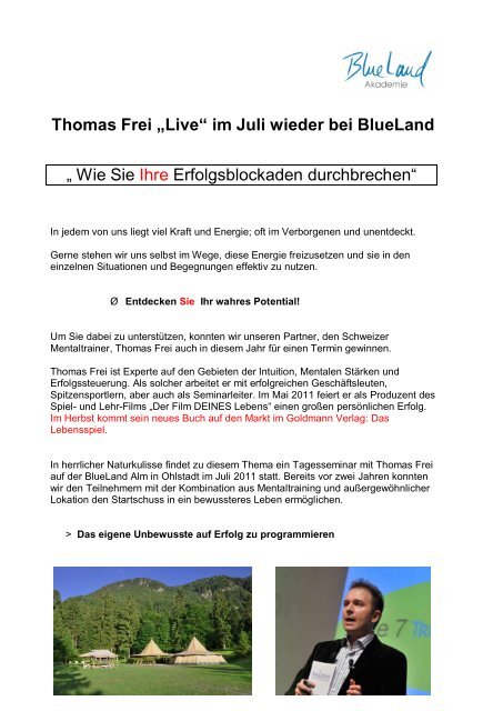 Thomas Frei „Live“ im Juli wieder bei BlueLand „ Wie Sie Ihre ...