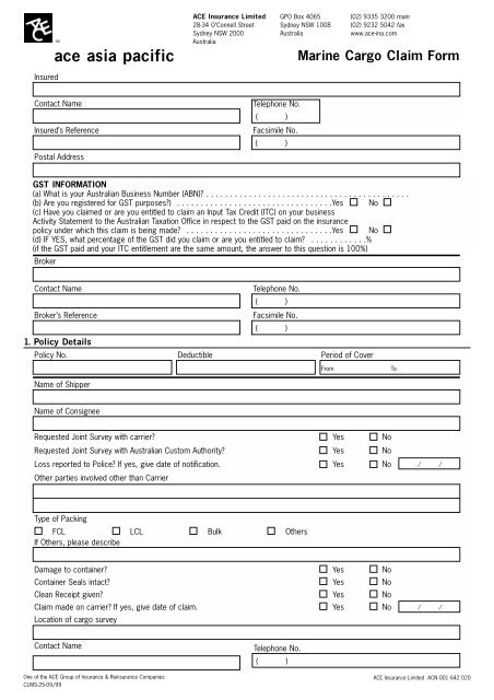 ACE marine cargo claim form - AIS Insurance Brokers