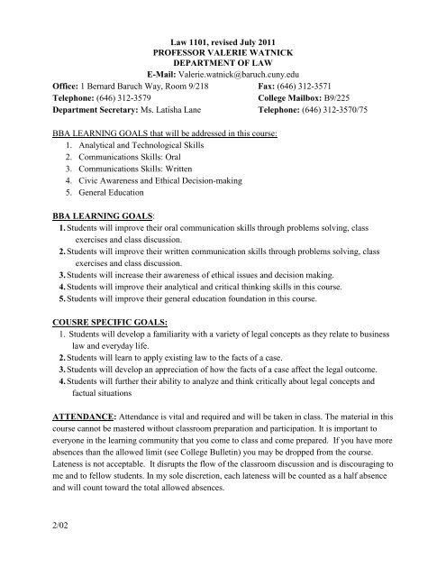 Law 1101 Syllabus Valerie Watnick Blogs Baruch Cuny