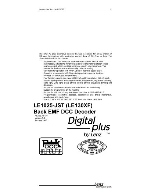 LE1025-JST (LE130XF) Back EMF DCC Decoder - Lenz USA