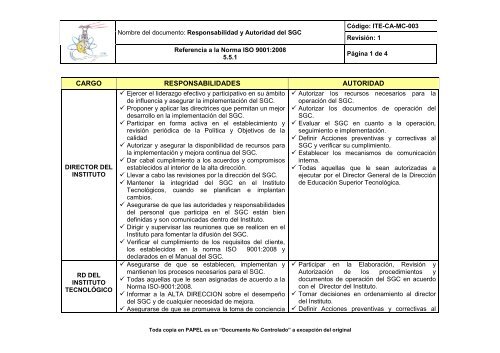 responsabilidad y autoridad del sgc - Instituto Tecnológico de ...