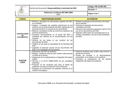 responsabilidad y autoridad del sgc - Instituto Tecnológico de ...