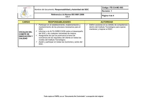 responsabilidad y autoridad del sgc - Instituto Tecnológico de ...