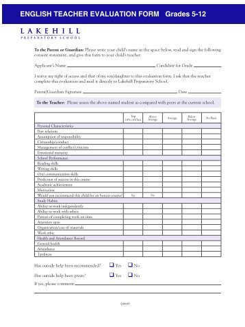 to download the English Teacher Evaluation Form. - Lakehill ...