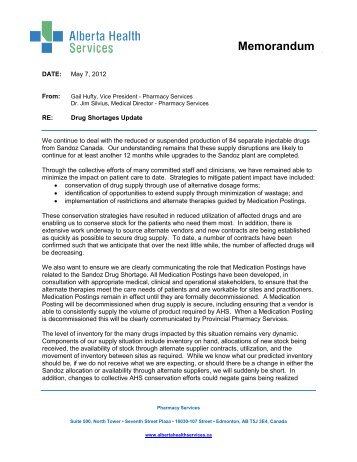 Drug Shortages Update Memo