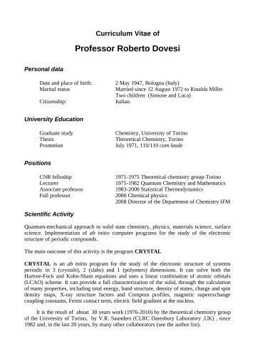 Curriculum Vitae of Professor Roberto Dovesi