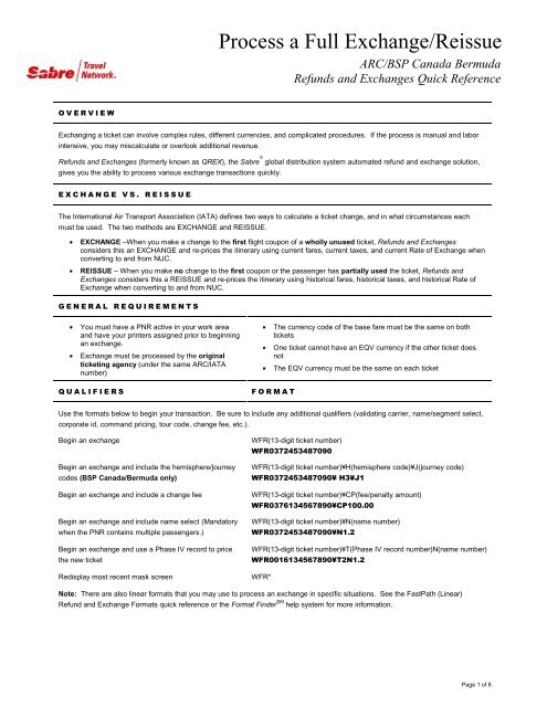 (EN) Process a Full Exchange/Reissue (ARC/BSP ... - Sabre Holdings