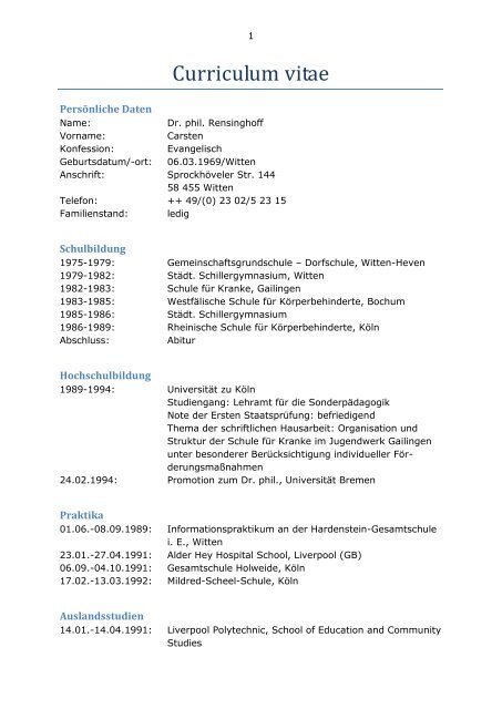 Curriculum vitae - Dr. Carsten Rensinghoff Institut