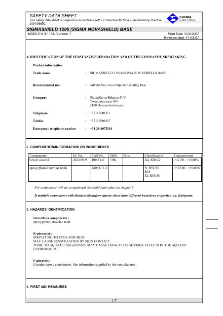 msds sigmashield 1200 base - SIGMA PAINTS