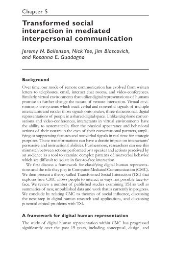 Transformed social interaction in mediated interpersonal ...