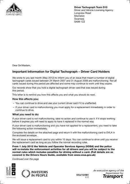 Important Information for Digital Tachograph â Driver Card Holders