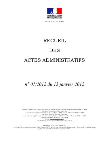 Recueil nÂ°1 du 13 janvier 2012 - 10,90 Mb - PrÃ©fecture de l'Yonne
