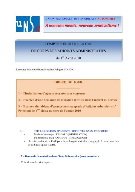 2010 1er avril CAP des Adjoints Administratifs ... - UNSA-Itefa
