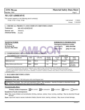 MA 425 ADHESIVE ITW Plexus Material Safety Data Sheet - AMI-CON