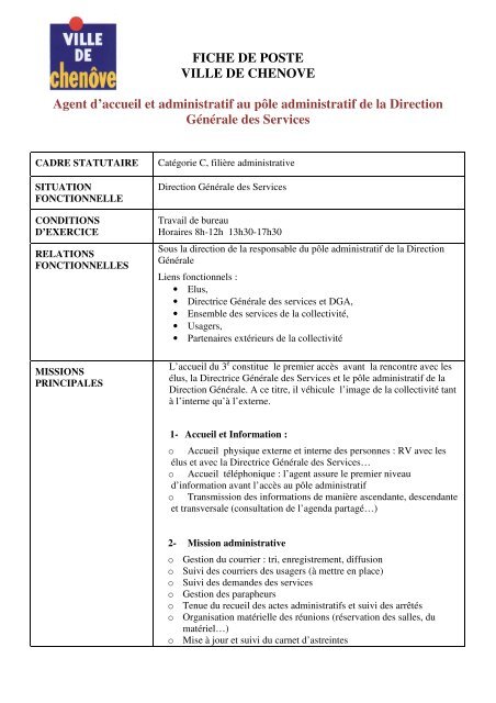 FICHE DE POSTE VILLE DE CHENOVE Agent d'accueil et ...