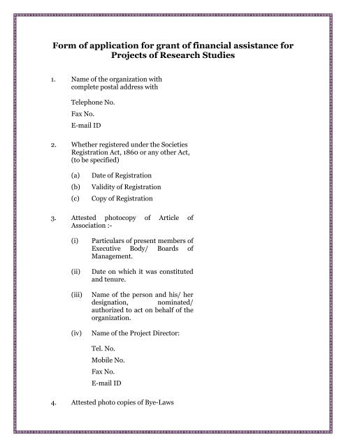 Form of application for grant of financial assistance for Projects 