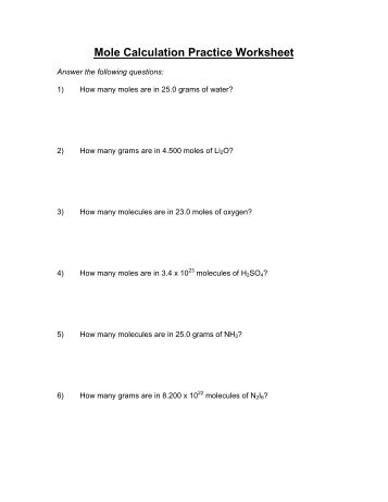 Mole Calculation Practice Worksheet