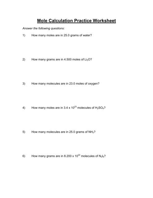Mole Calculation Practice Worksheet