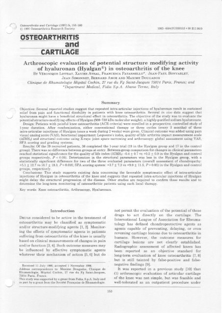 OSTEOARTHRITIS CARTILAGE - Crespine Gel