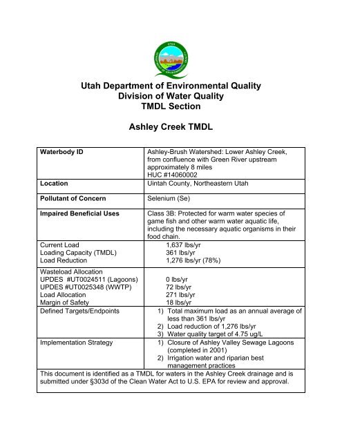 Ashley Creek TMDL - Division of Water Quality