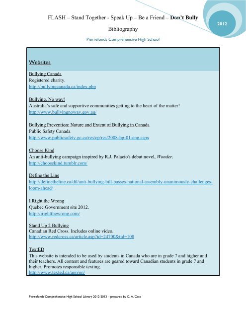 Flash Anti Bullying Bibliography Pierrefonds Comprehensive