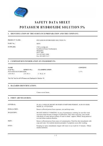 safety data sheet potassium hydroxide solution 5% - J.M.Loveridge plc