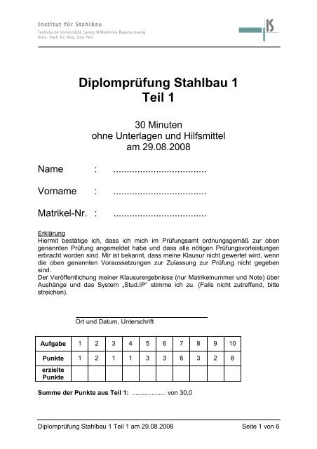 DiplomprÃ¼fung Stahlbau 1 Teil 1