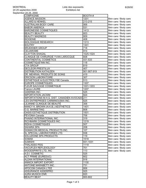 Up to date alphabetical list of exhibitors - EsthÃ©tique Spa International