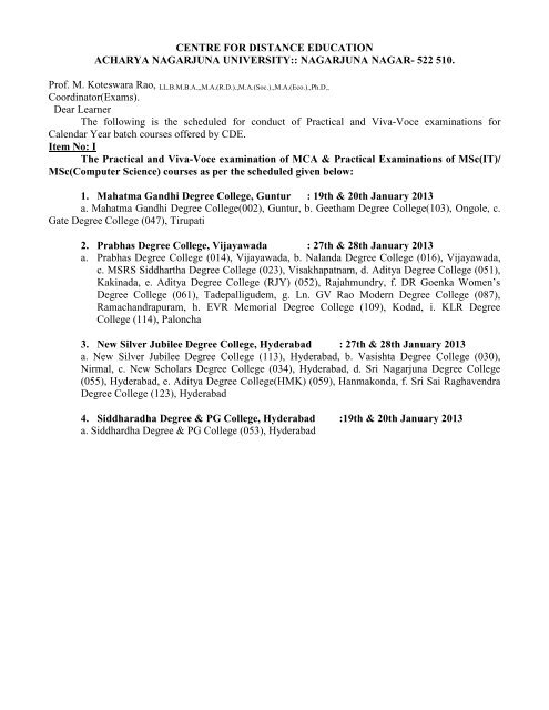 NAGARJUNA NAGAR- 522 510. Coordinator(Exams ... - ANUCDE