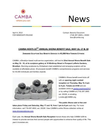 camba hosts 22 annual shona benefit sale, may 16, 17 & 18