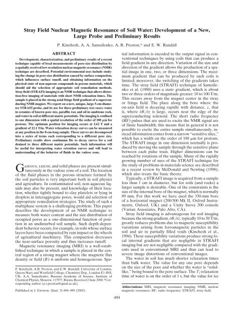 Stray Field Nuclear Magnetic Resonance of Soil Water ...