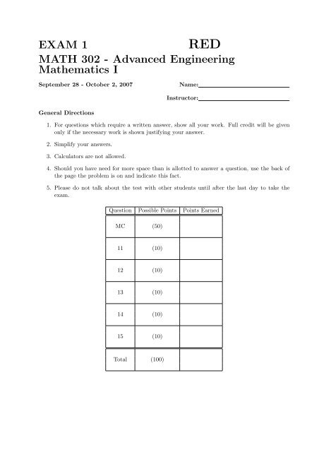 EXAM 1 MATH 302 - Advanced Engineering Mathematics I