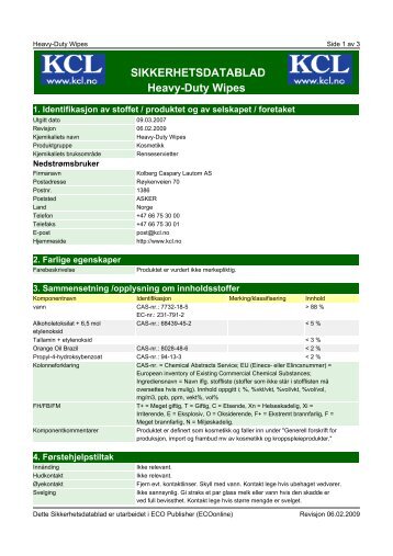 SIKKERHETSDATABLAD Heavy-Duty Wipes - Kolberg Caspary ...