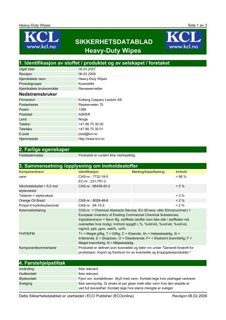 SIKKERHETSDATABLAD Heavy-Duty Wipes - Kolberg Caspary ...