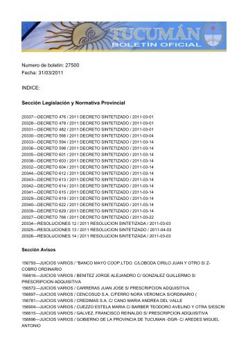 Numero de boletin: 27500 Fecha: 31/03/2011 INDICE: SecciÃ³n ...